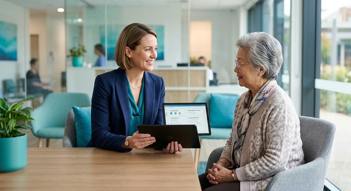 A VedX Clinical specialist reviewing a care plan on a tablet with an older patient in a bright clinic lounge