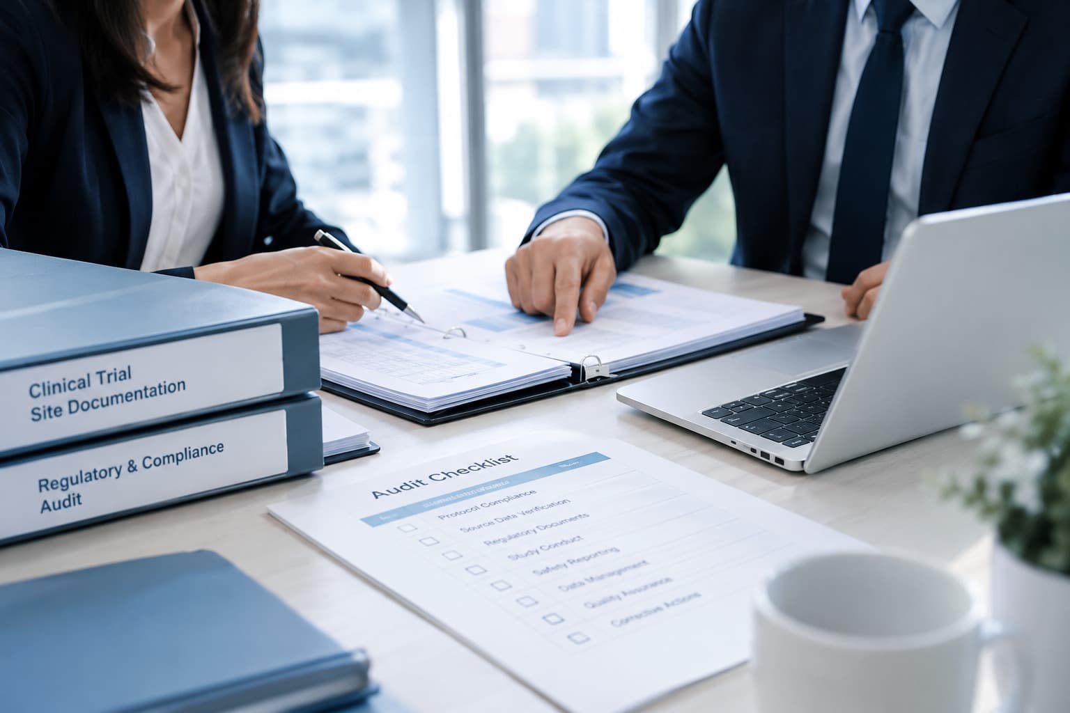 Clinical audit specialists reviewing trial documentation