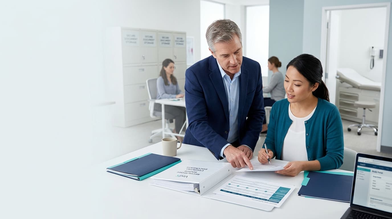 A site director and a research coordinator reviewing regulatory documents at an investigator site