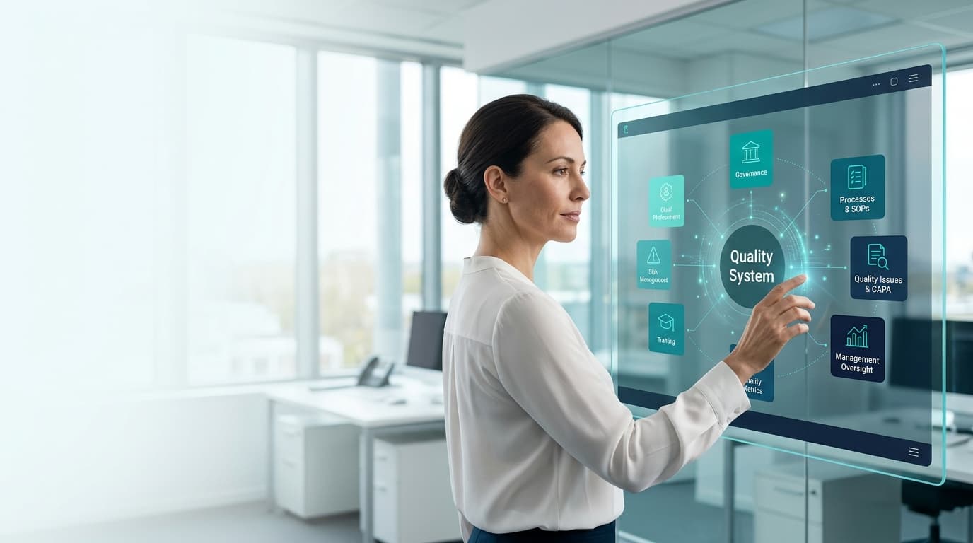 A quality professional using a touchscreen interface that connects the Quality System to governance, processes and SOPs, quality issues and CAPA, training and management oversight