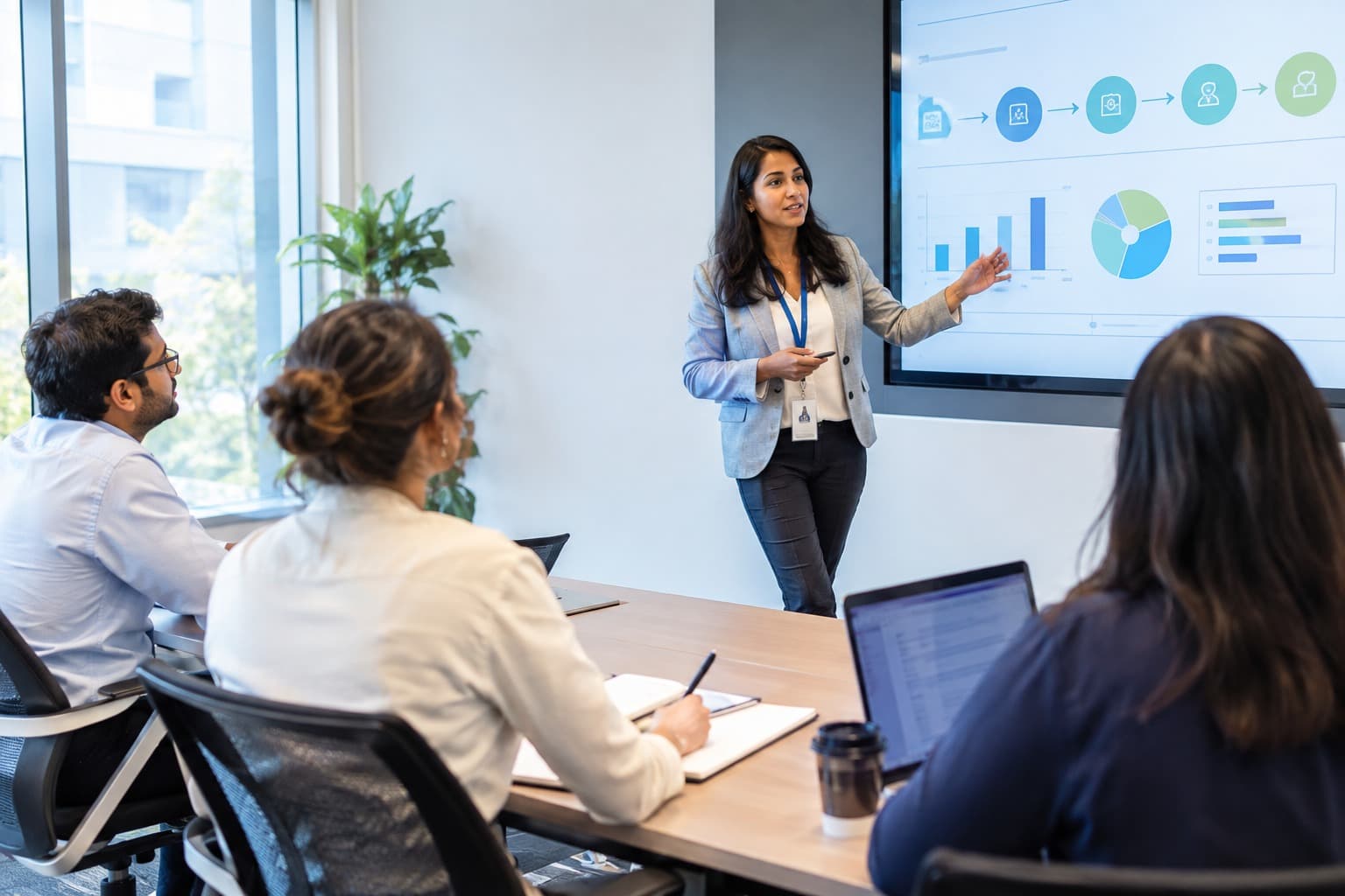 A clinical quality trainer presenting data charts to a group of trainees