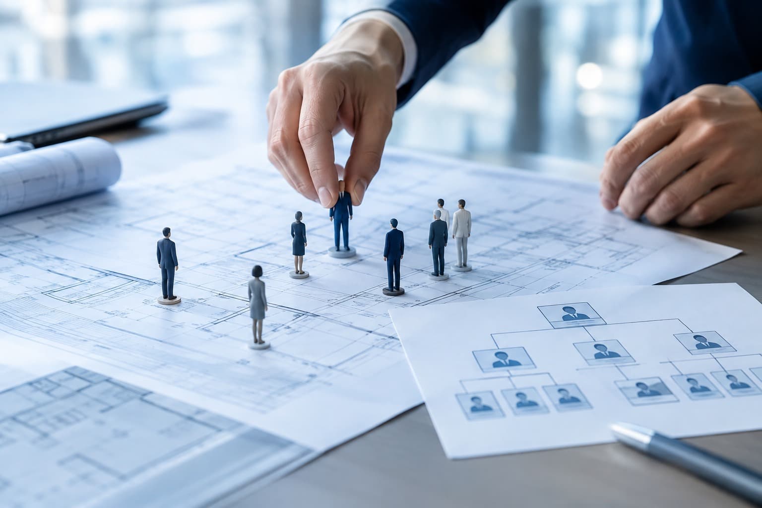 Hands arranging team figures onto an organizational chart and blueprint